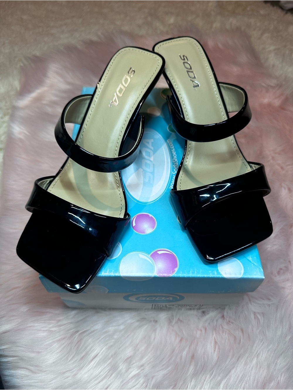 Soda Black Patent Double-Strap Square-Toe Mules
